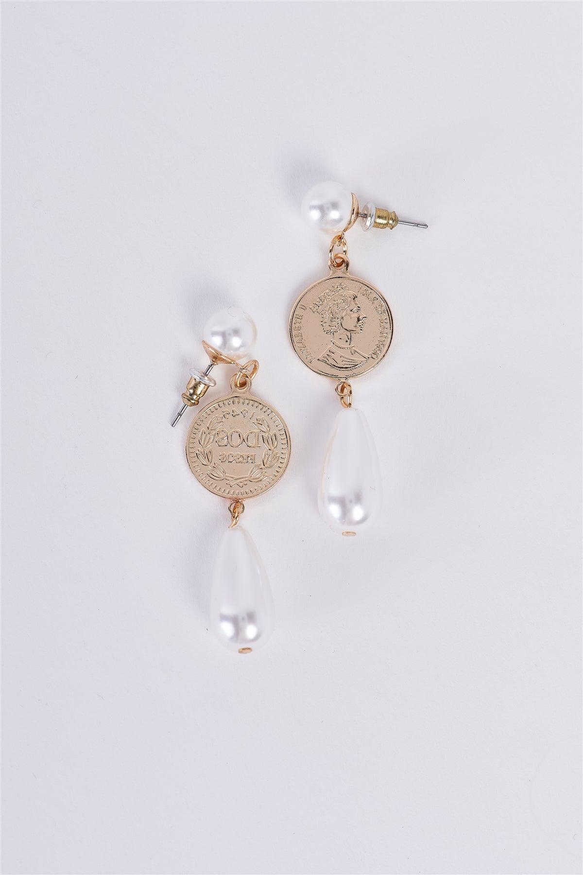 Gold Mexican Peso Coin & Pearl Detail Drop Earrings /3 Pairs