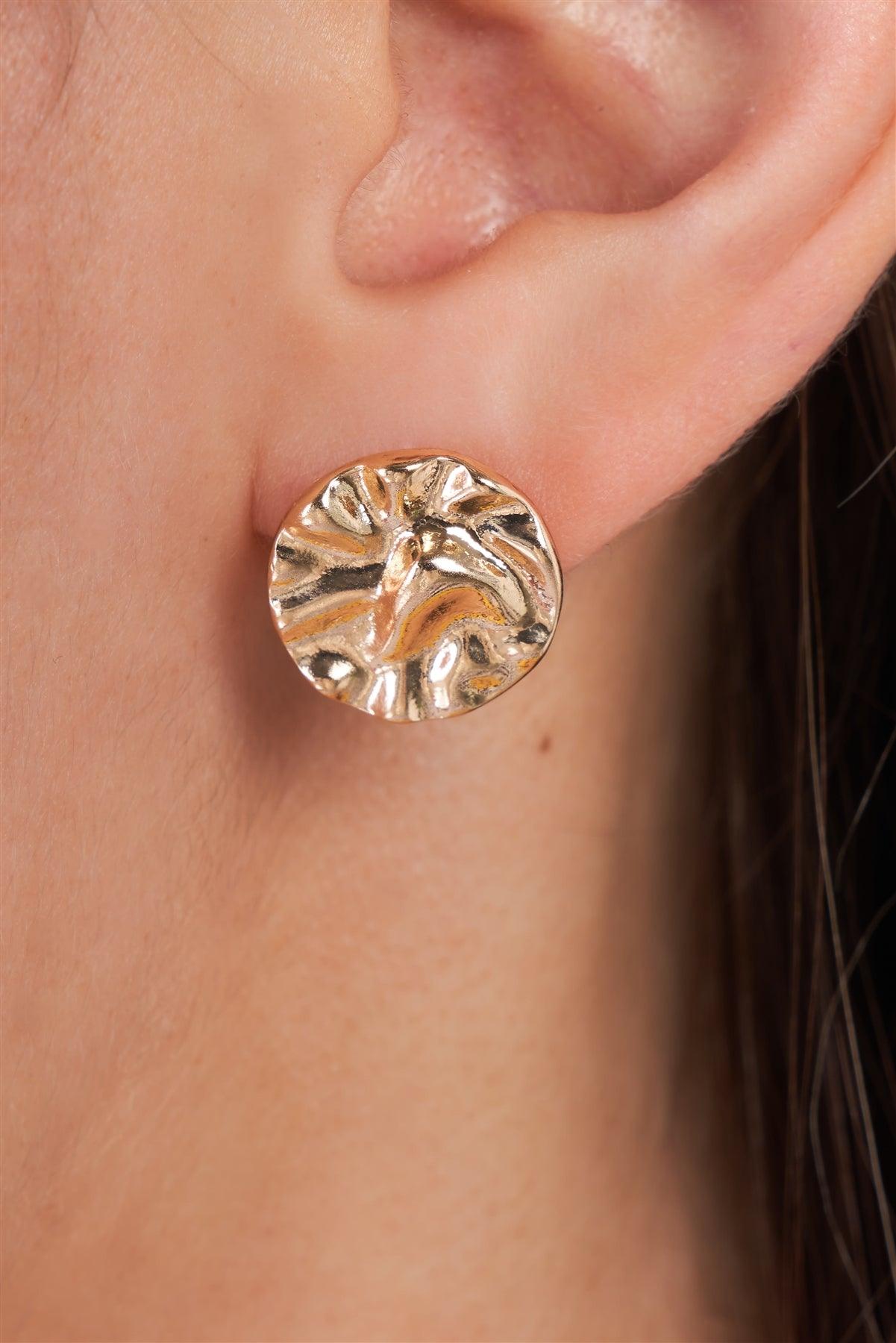 Gold Crushed Circle Stud Earrings / 3 Pairs