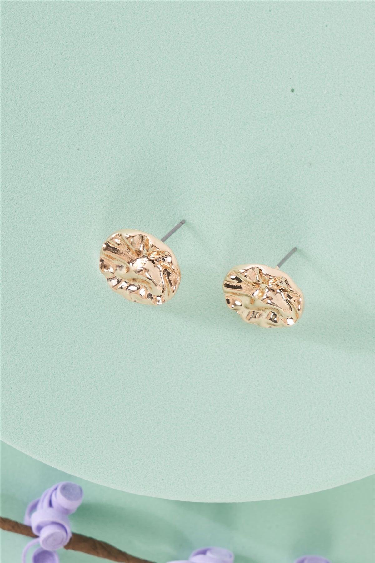 Gold Crushed Circle Stud Earrings / 3 Pairs