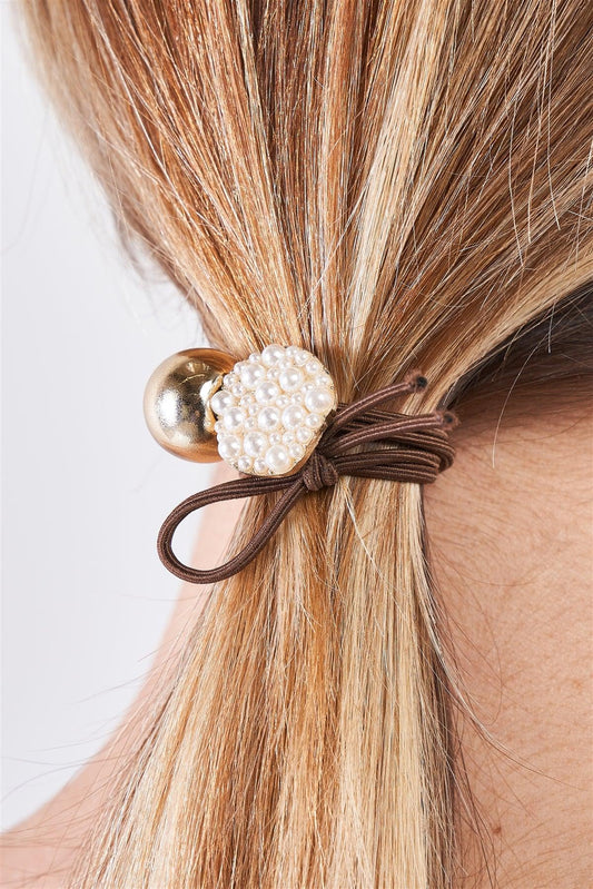 Brown Elastic Gold Bauble & Pearl Detail Hair Tie /3 Pieces