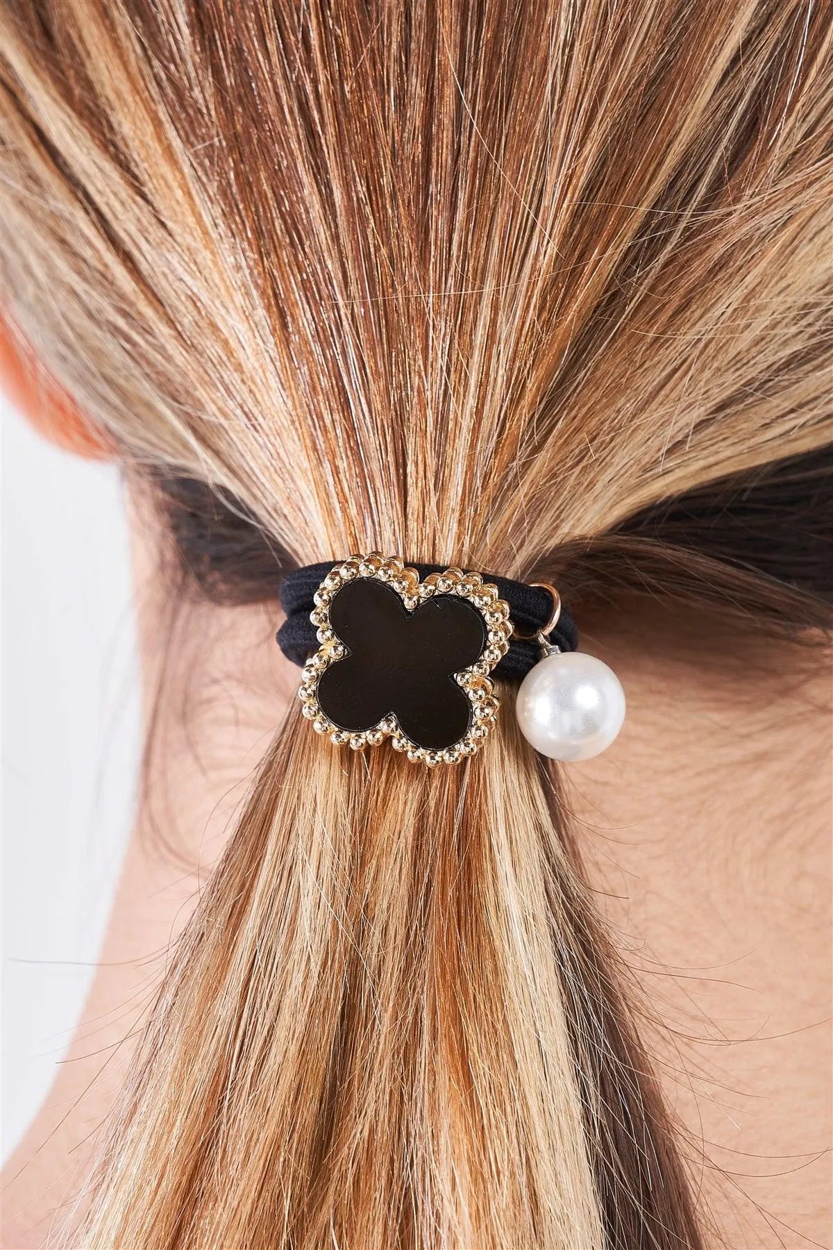 Black Onyx & Yellow Gold Edging Detail Pearl Bauble Elasticized Hair Tie /3 Pieces - Tasha Apparel Wholesale