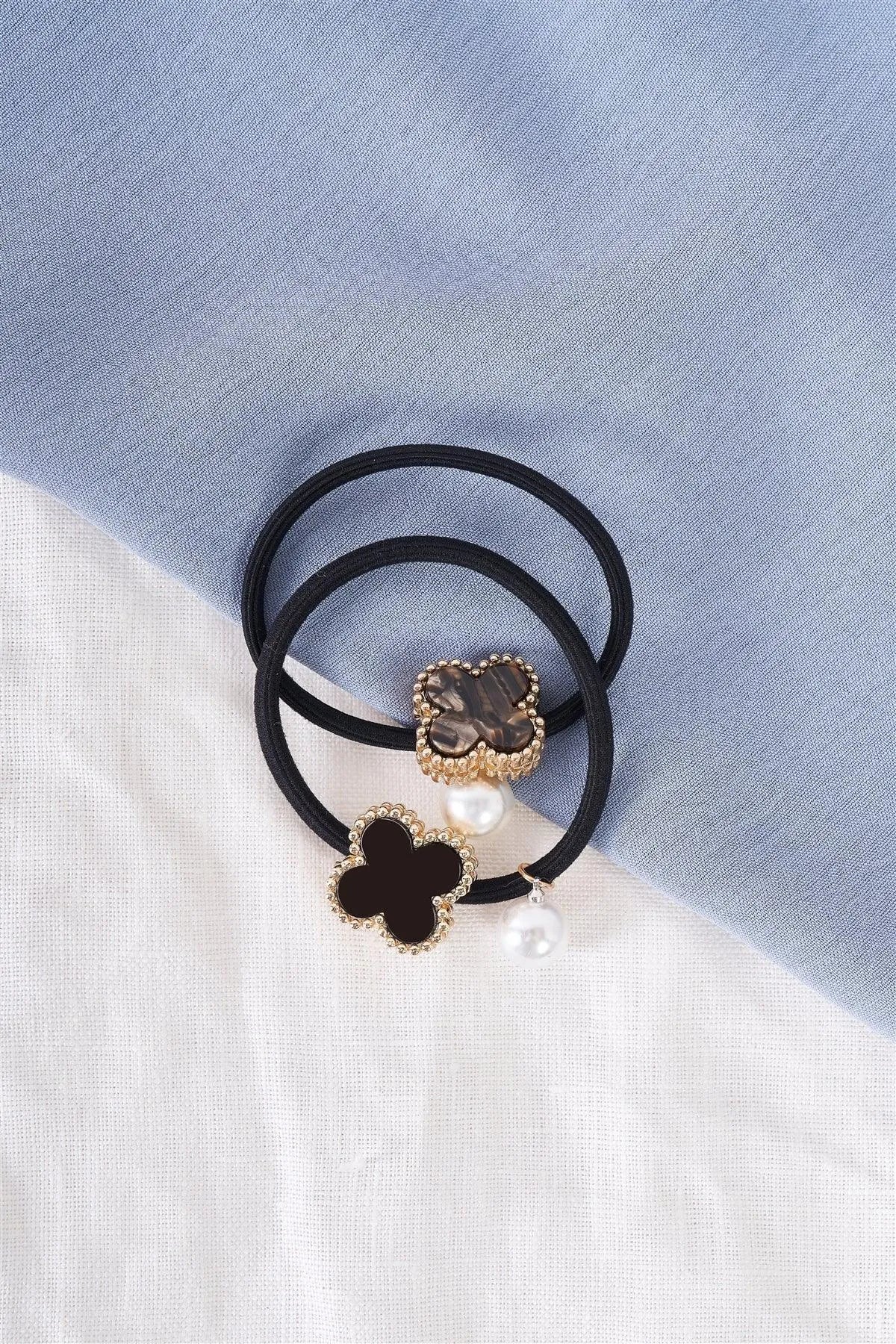 Black Onyx & Yellow Gold Edging Detail Pearl Bauble Elasticized Hair Tie /3 Pieces - Tasha Apparel Wholesale