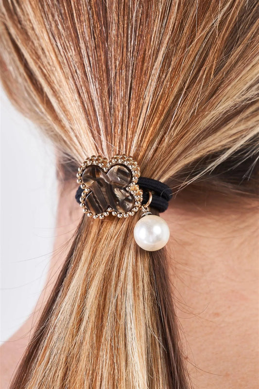 Brown Stone & Yellow Gold Edging Detail Pearl Bauble Elasticized Hair Tie /3 Pieces - Tasha Apparel Wholesale
