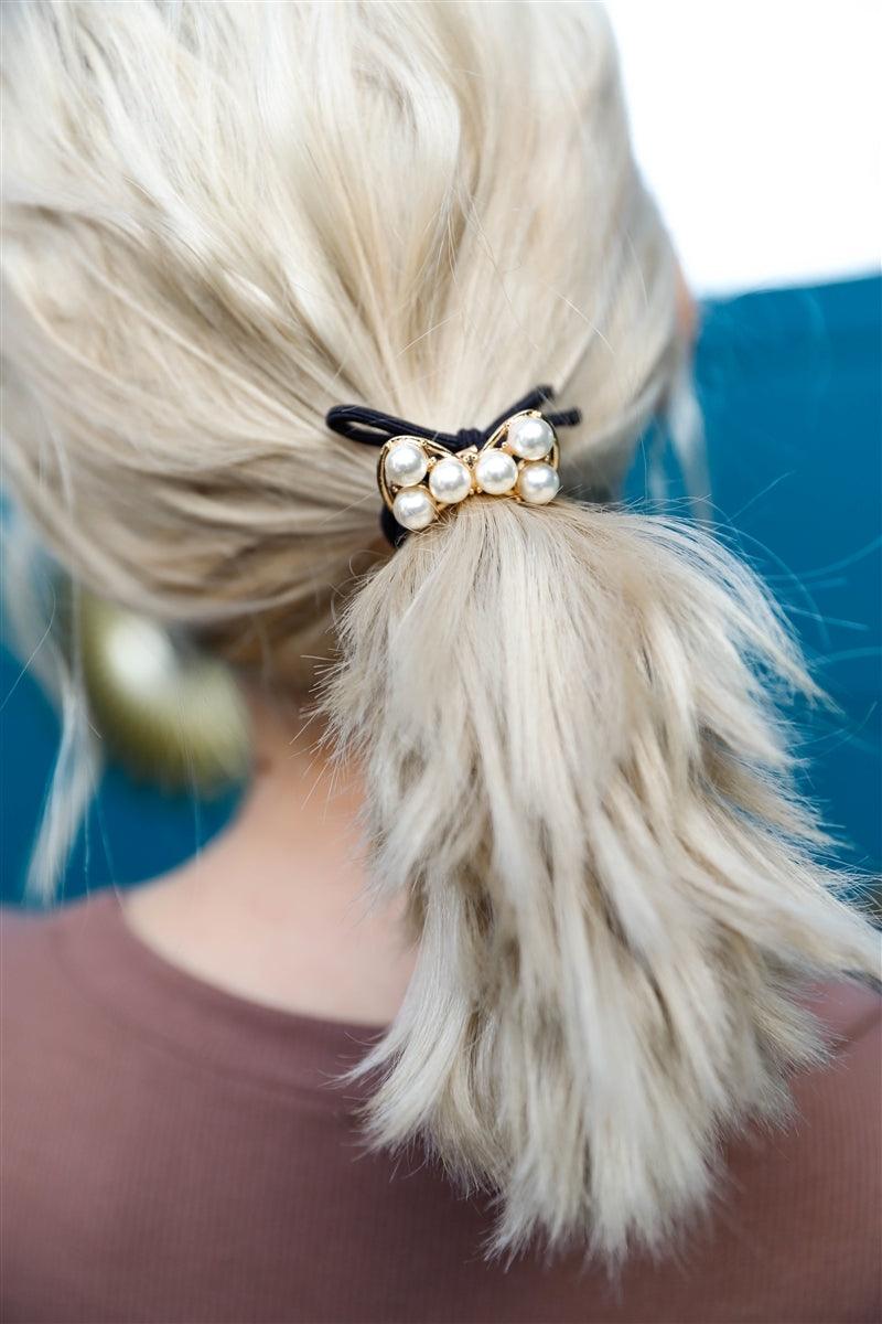 Bow Heart Pearl Detail Heart Shaped Hair Tie /3 Pieces