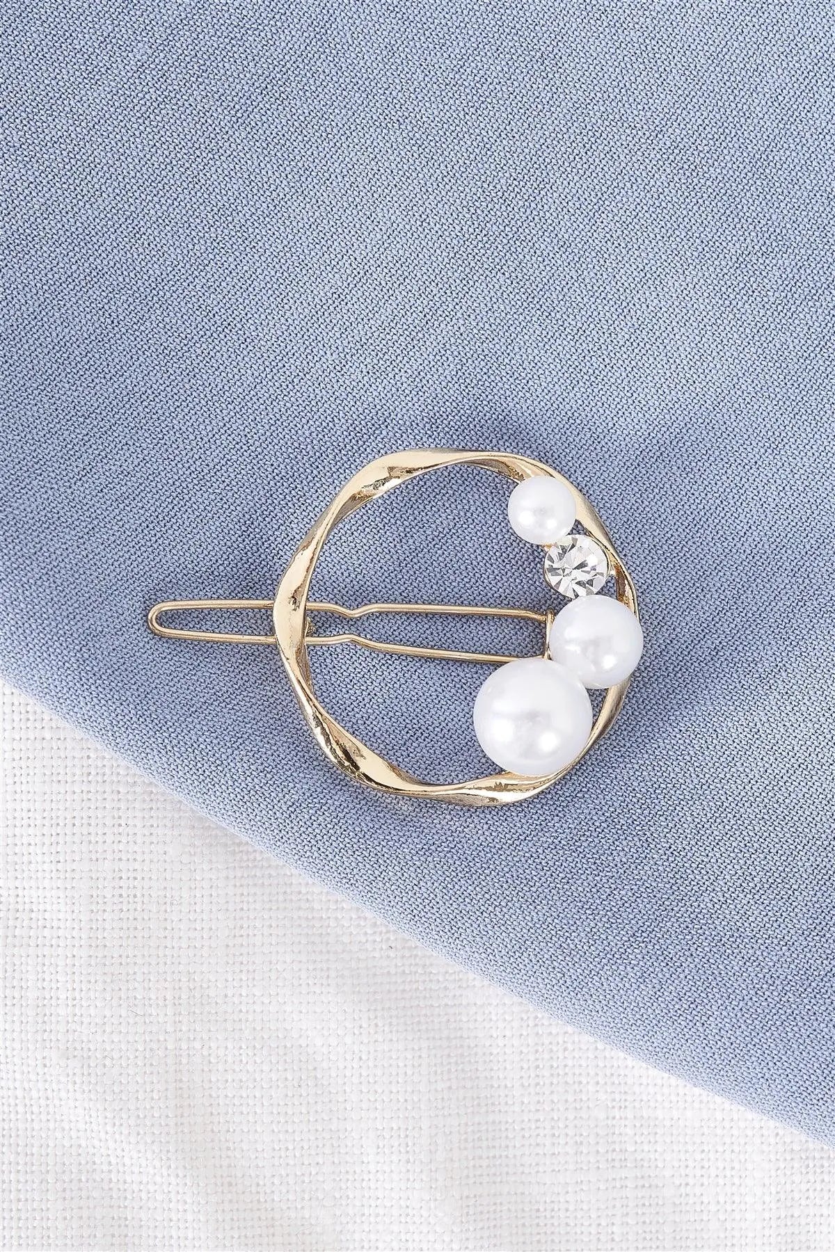 Gold Twisted Circle Shaped Pearl & Faux Diamond Detail Hair Clip /3 Pieces - Tasha Apparel Wholesale