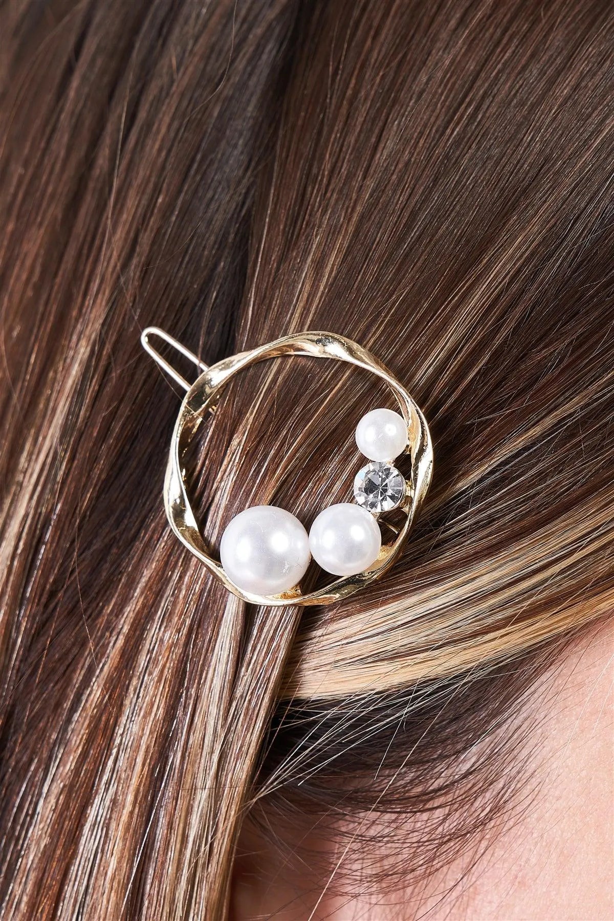 Gold Twisted Circle Shaped Pearl & Faux Diamond Detail Hair Clip /3 Pieces - Tasha Apparel Wholesale