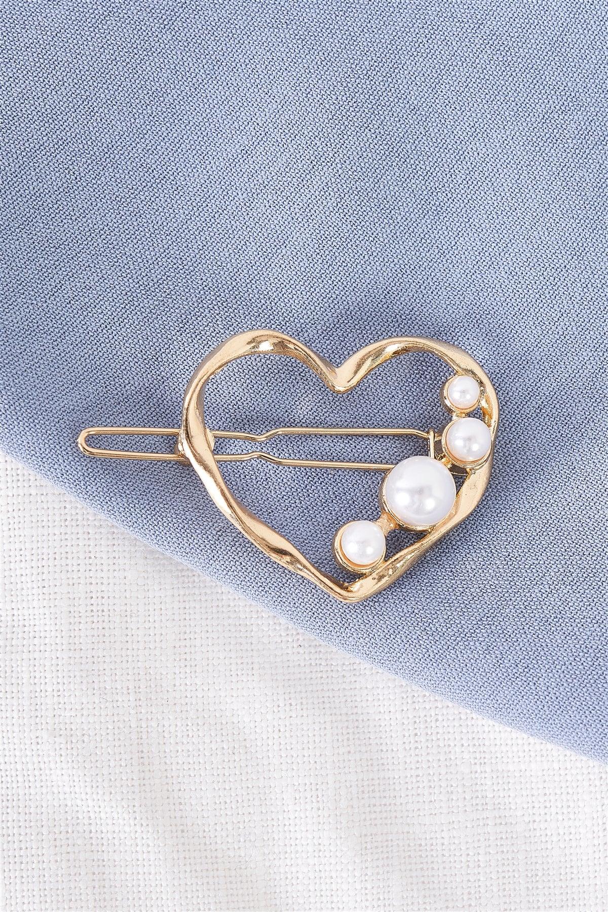 Gold & Pearl Twisted Heart Shaped Hair Clip /3 Pieces