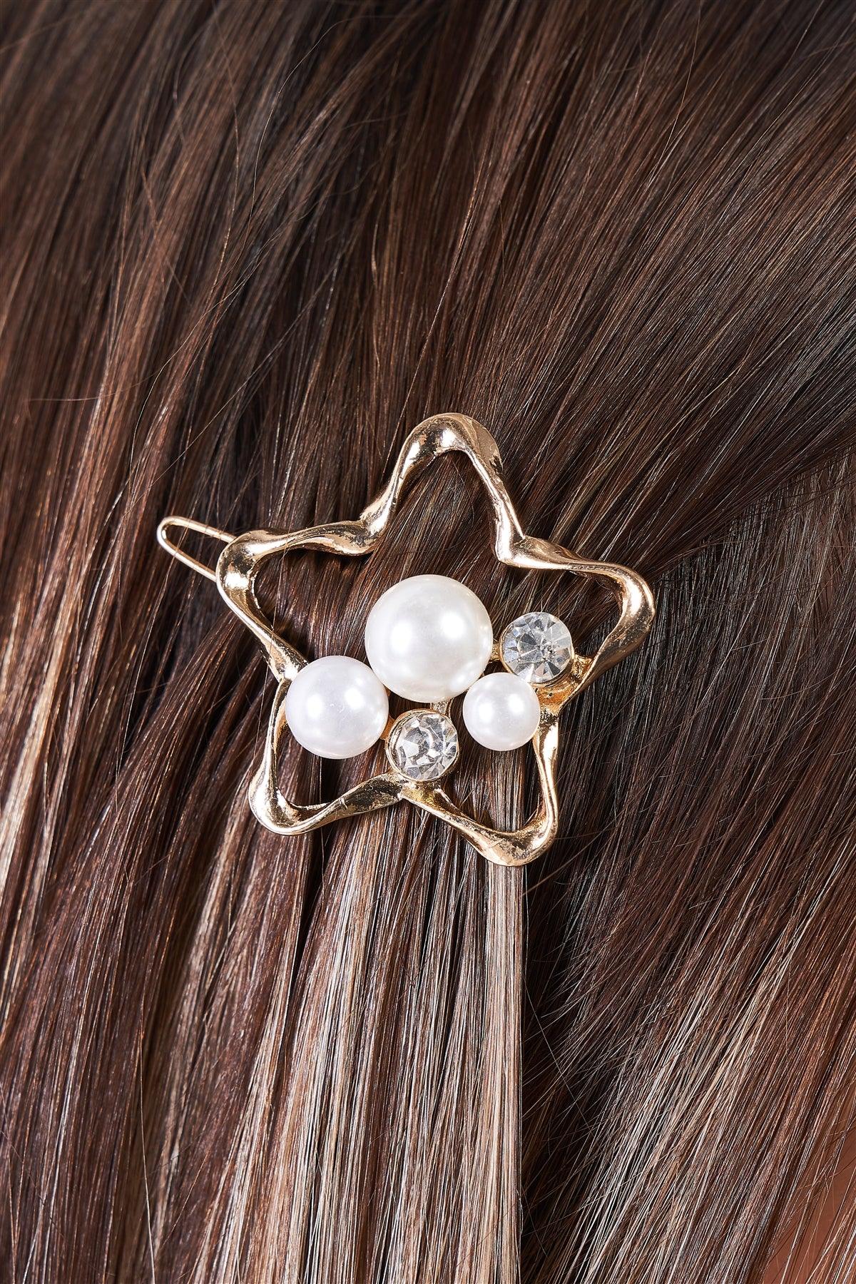 Gold Twisted Star Shaped Pearl & Faux Diamond Detail Hair Clip /3 Pieces