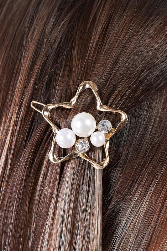 Gold Twisted Star Shaped Pearl & Faux Diamond Detail Hair Clip /3 Pieces - Tasha Apparel Wholesale