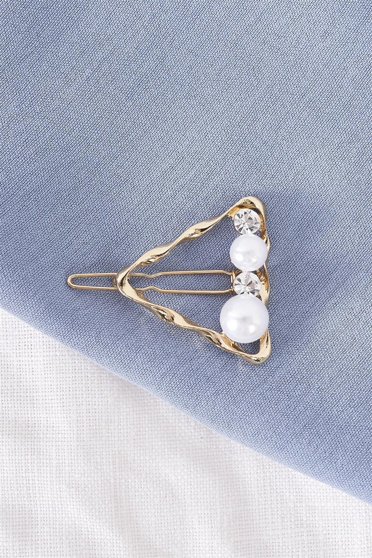 Gold Twisted Triangle Shaped Pearl & Faux Diamond Detail Hair Clip /3 Pieces - Tasha Apparel Wholesale
