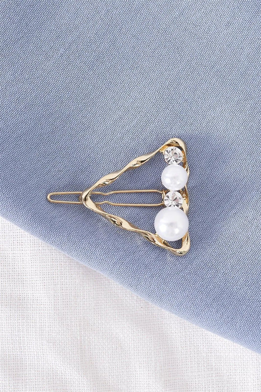 Gold Twisted Triangle Shaped Pearl & Faux Diamond Detail Hair Clip /3 Pieces - Tasha Apparel Wholesale