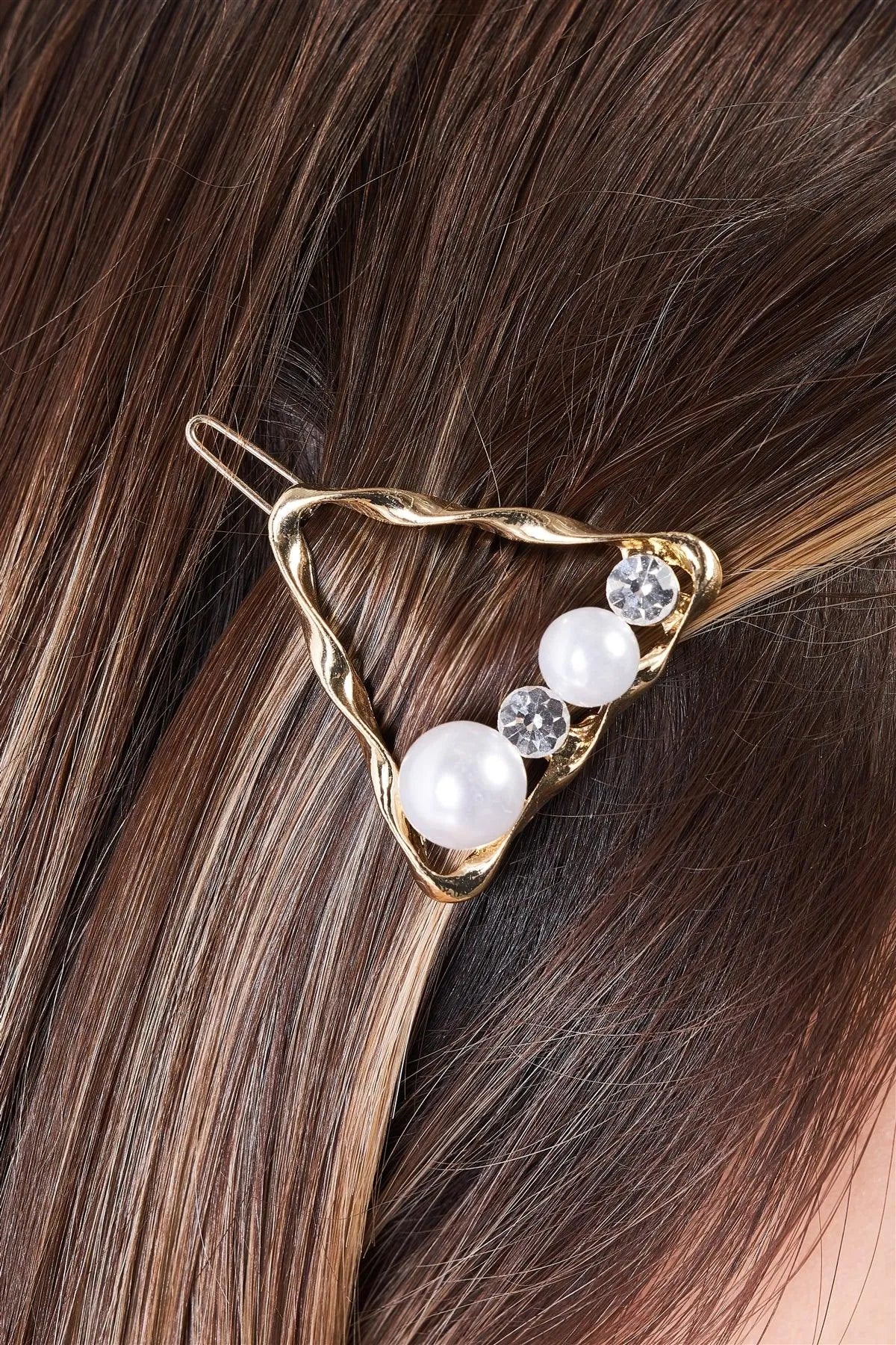 Gold Twisted Triangle Shaped Pearl & Faux Diamond Detail Hair Clip /3 Pieces - Tasha Apparel Wholesale
