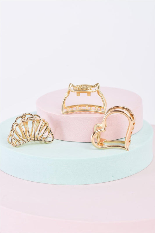 Gold Small Heart Shaped Cut-Out Hair Clip /3 Pieces