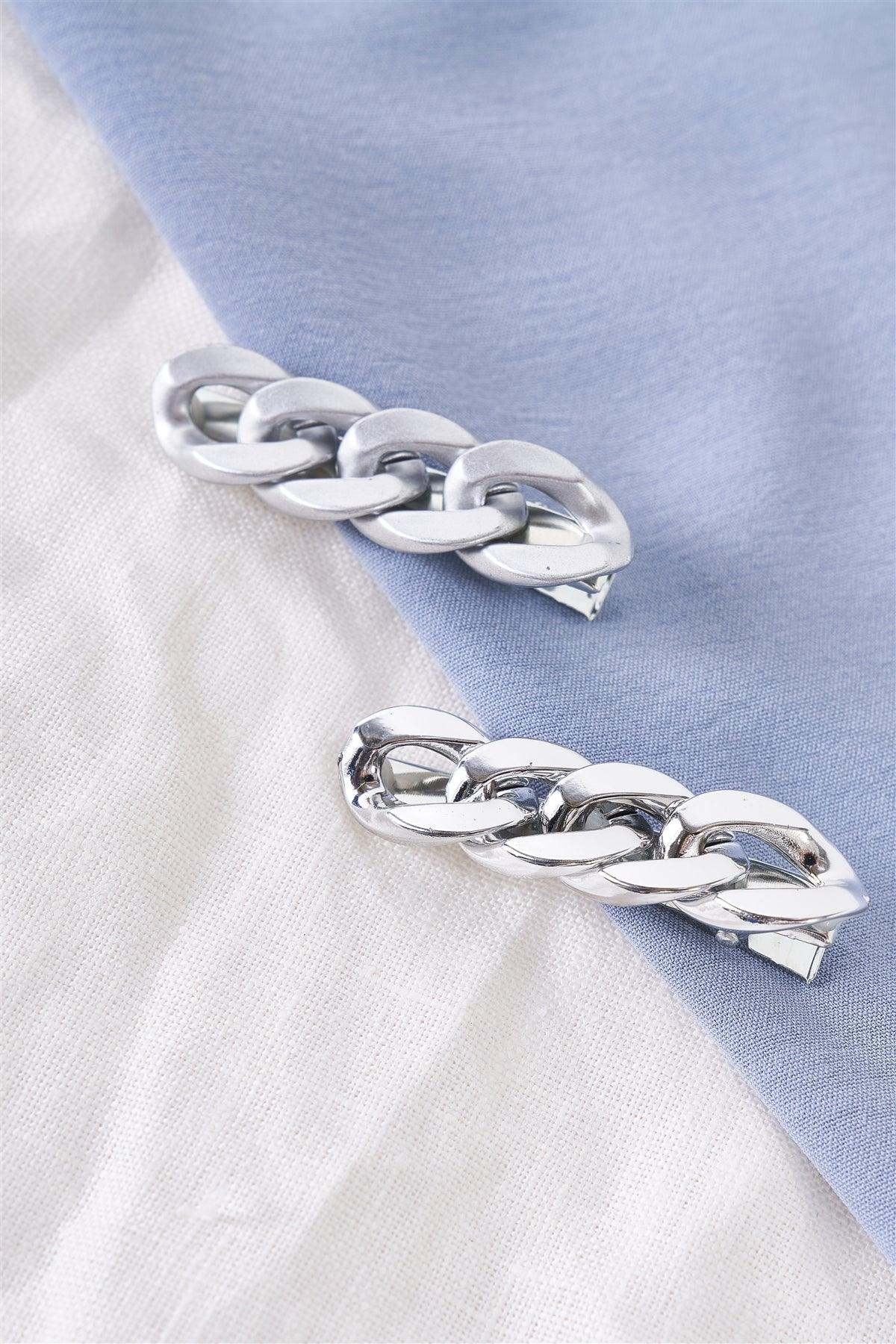 Glossy Metallic Silver Chain Link Alligator Hair Clip /3 Pieces