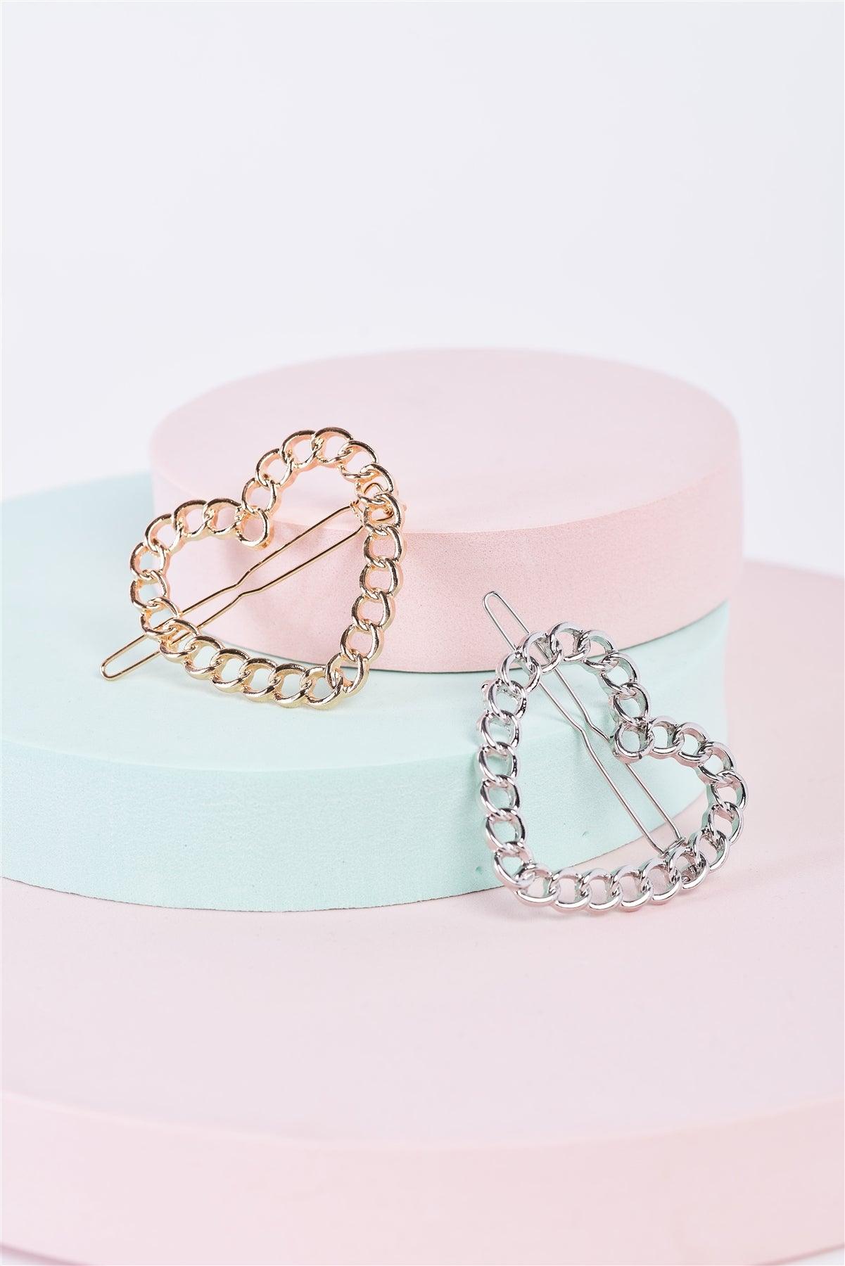 Silver Heart Shaped Chain Link Back Closure Hair Clip /3 Pieces
