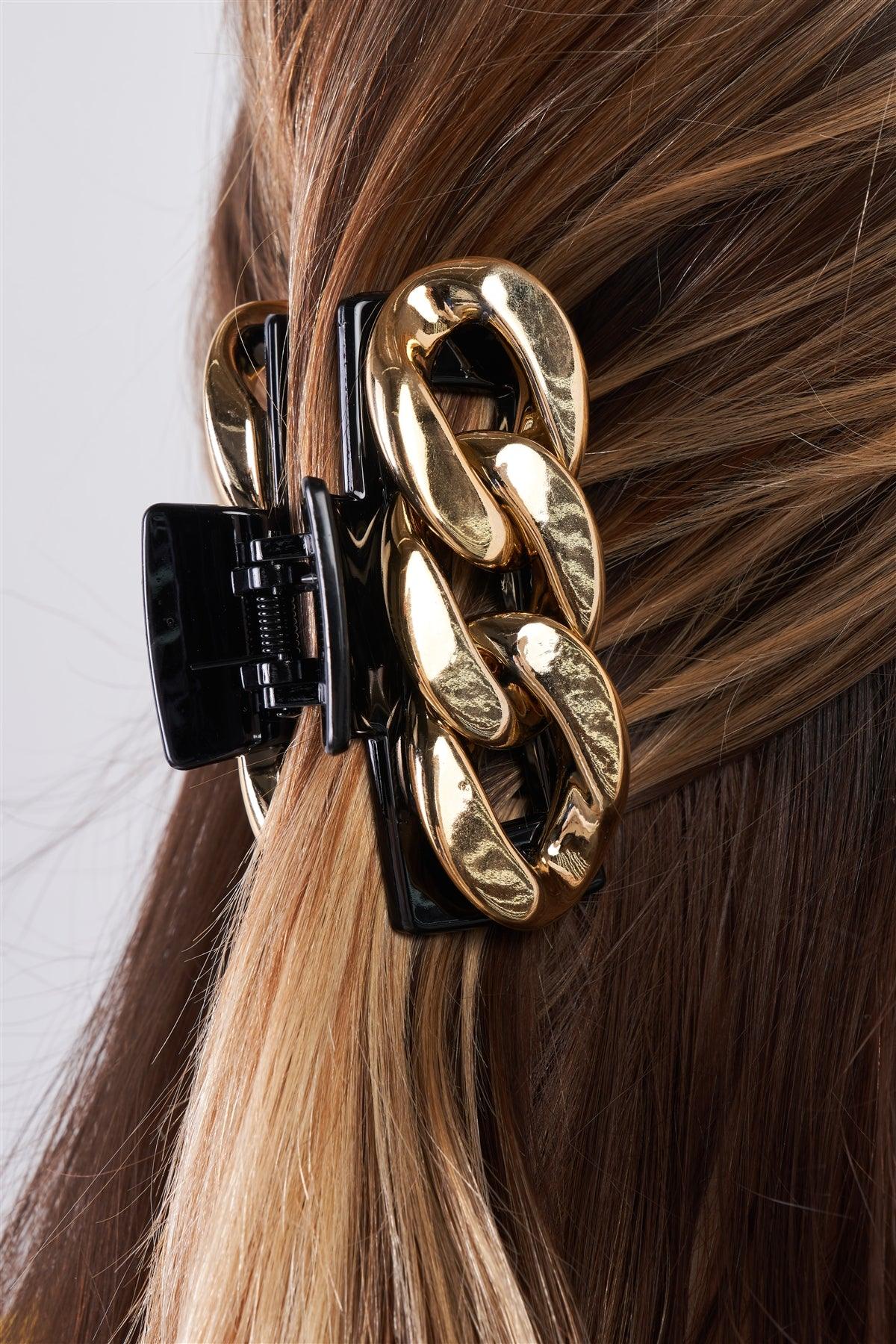 Large Gold Chain Black Glossy  Claw Hair Clip /3 Pieces