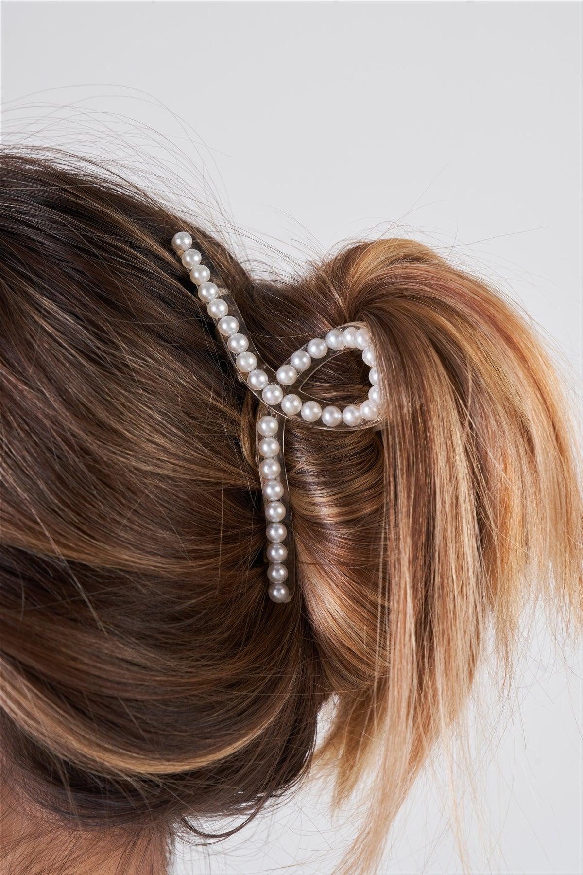 Thin Loopy Pearl Trim Claw Hair Clip Set /3 Pieces