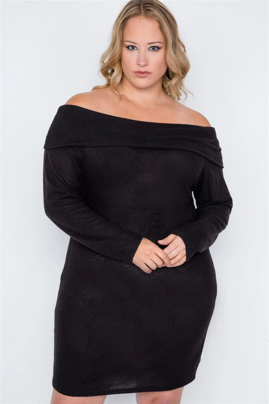 Junior Plus Size Black Off-The Shoulder Long Sleeve Dress /2-2-2 - Tasha Apparel Wholesale