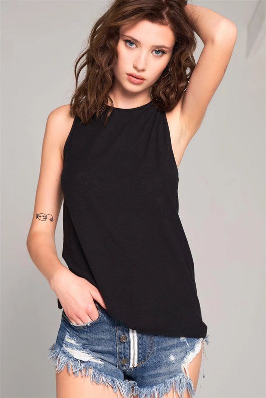 Black Sleeveless Crew Neck Cut-Out Back Detail Longline Tank Top /1-2-2-1 - Tasha Apparel Wholesale