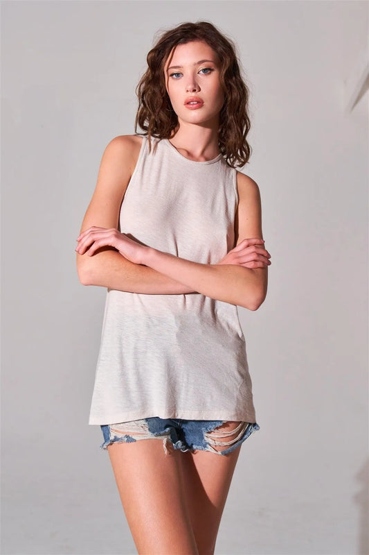 Clay Cotton Sleeveless Crew Neck Cut-Out Tank Top - Tasha Apparel Wholesale