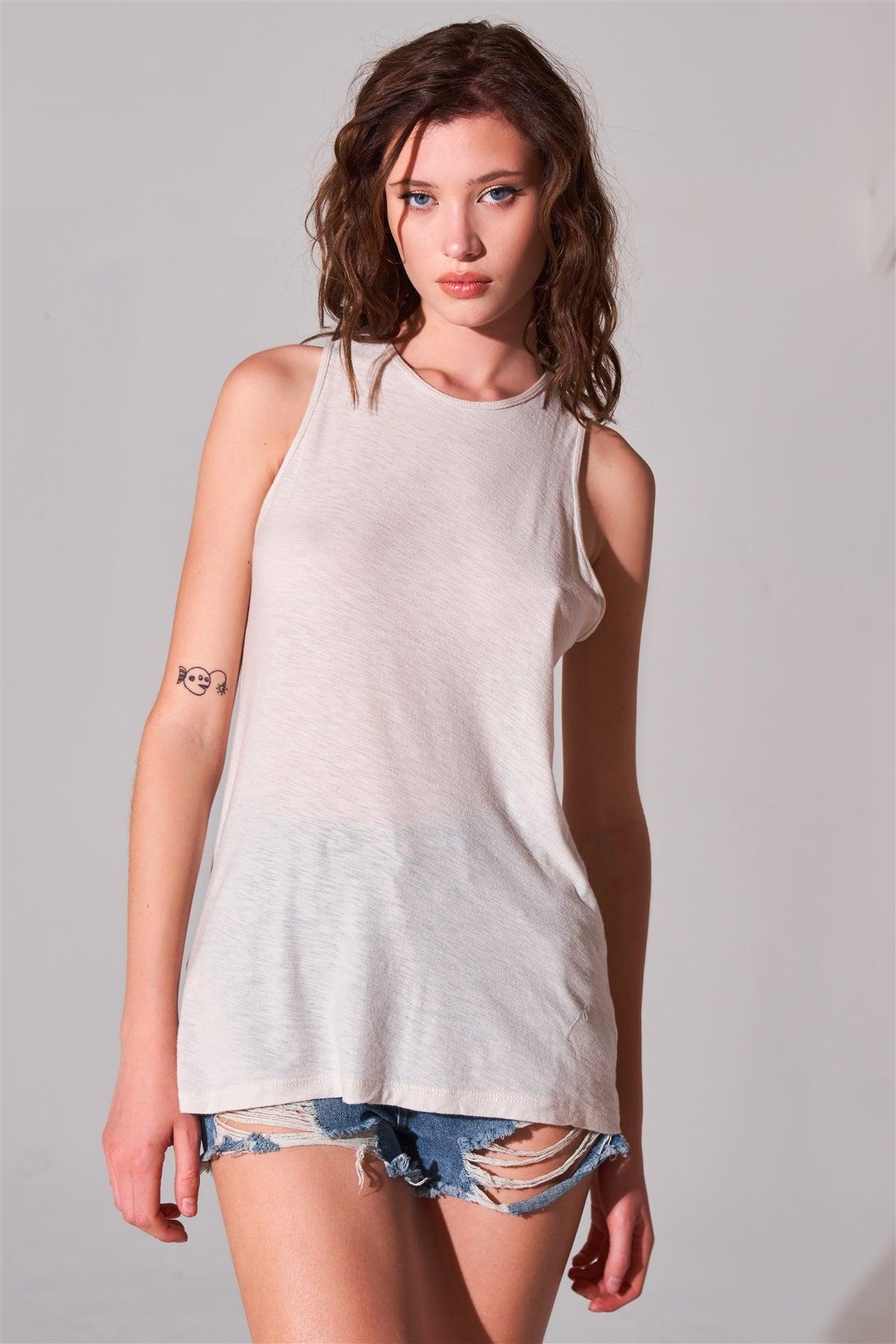 Clay Sleeveless Crew Neck Cut-Out Back Detail Longline Tank Top