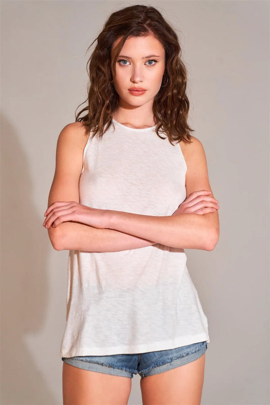White Sleeveless Crew Neck Cut-Out Back Detail Longline Tank Top /1-2-2-2 - Tasha Apparel Wholesale