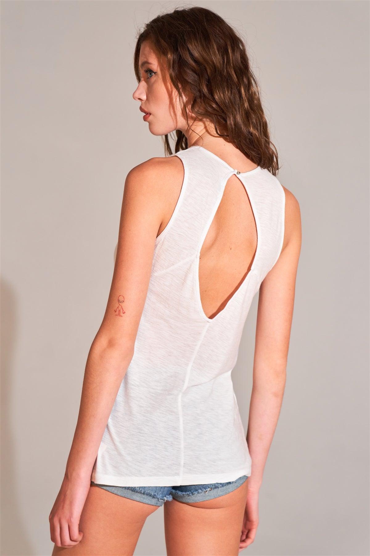 White Sleeveless Crew Neck Cut-Out Back Detail Longline Tank Top /1-2-2-2