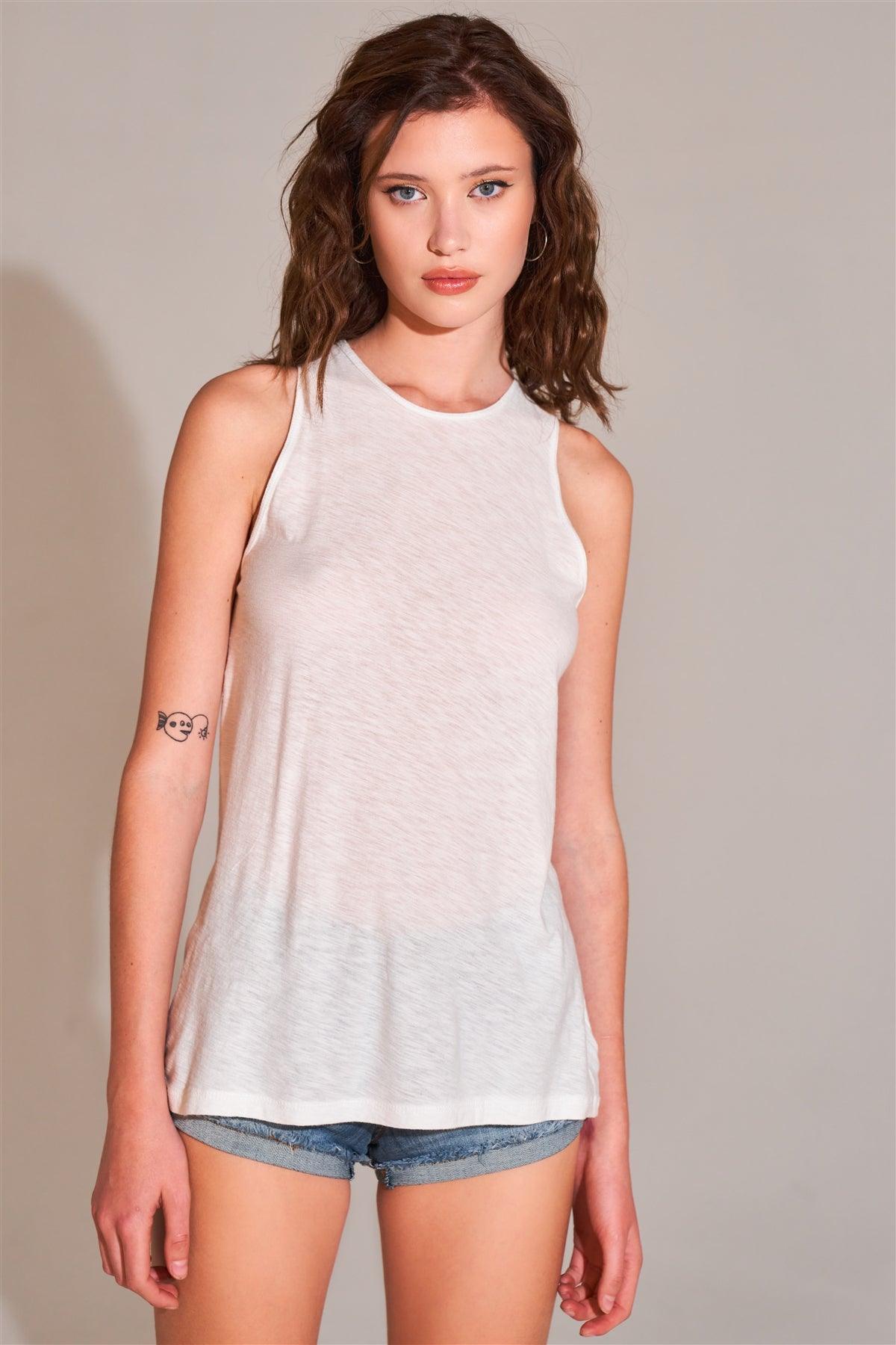 White Sleeveless Crew Neck Cut-Out Back Detail Longline Tank Top /1-2-2-2