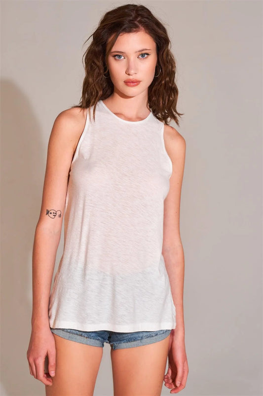 White Sleeveless Crew Neck Cut-Out Back Detail Longline Tank Top /2-2-2-1 - Tasha Apparel Wholesale