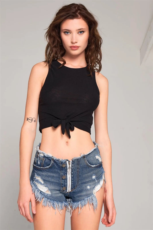 Black Sleeveless Crew Neck Self-Tie Front Detail Crop Top /1-2-2-1 - Tasha Apparel Wholesale