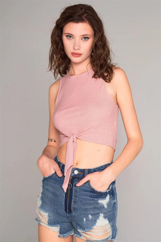 Misty Rose Sleeveless Crew Neck Self-Tie Front Detail Crop Top /1-2-2-1 - Tasha Apparel Wholesale