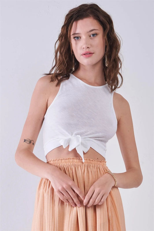 White Sleeveless Crew Neck Self-Tie Front Detail Crop Top /1-2-2-1 - Tasha Apparel Wholesale