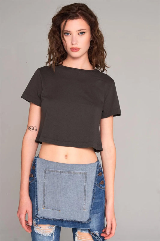 Charcoal Short Sleeve Round Neck Petal Split Back Detail Crop Tee /1-2-2-1 - Tasha Apparel Wholesale