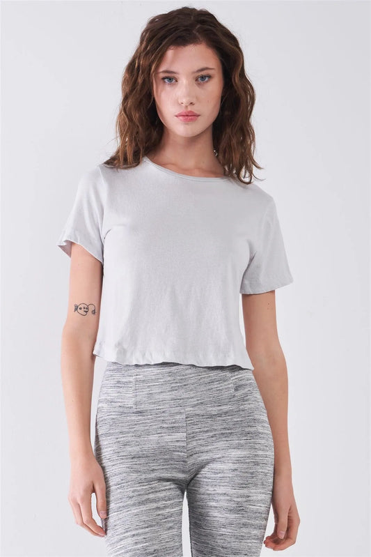 Moonshine Grey Short Sleeve Round Neck Petal Split Back Detail Crop Tee /1-2-2-1 - Tasha Apparel Wholesale