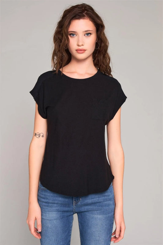 Black Ribbed Shoulder Round Neck Chest Pocket Detail Relaxed Tee /1-2-2-1 - Tasha Apparel Wholesale