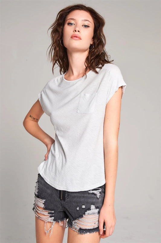 Moonshine Grey Ribbed Shoulder Round Neck Chest Pocket Detail Relaxed Tee /1-2-2-1 - Tasha Apparel Wholesale