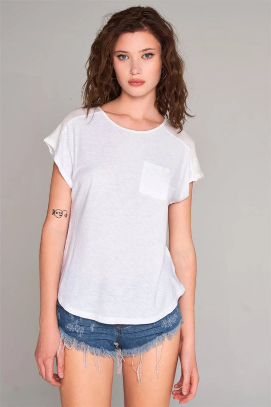 White Ribbed Shoulder Round Neck Chest Pocket Detail Relaxed Tee /2-1-2-1 - Tasha Apparel Wholesale