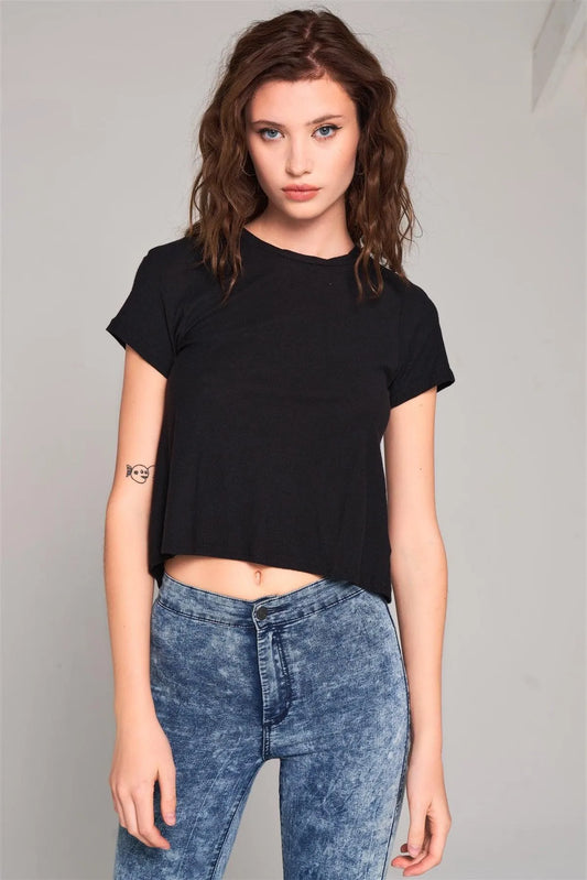 Black Short Sleeve Crew Neck Cut-Out Self-Tie Back Detail Tee /1-2-2-1 - Tasha Apparel Wholesale