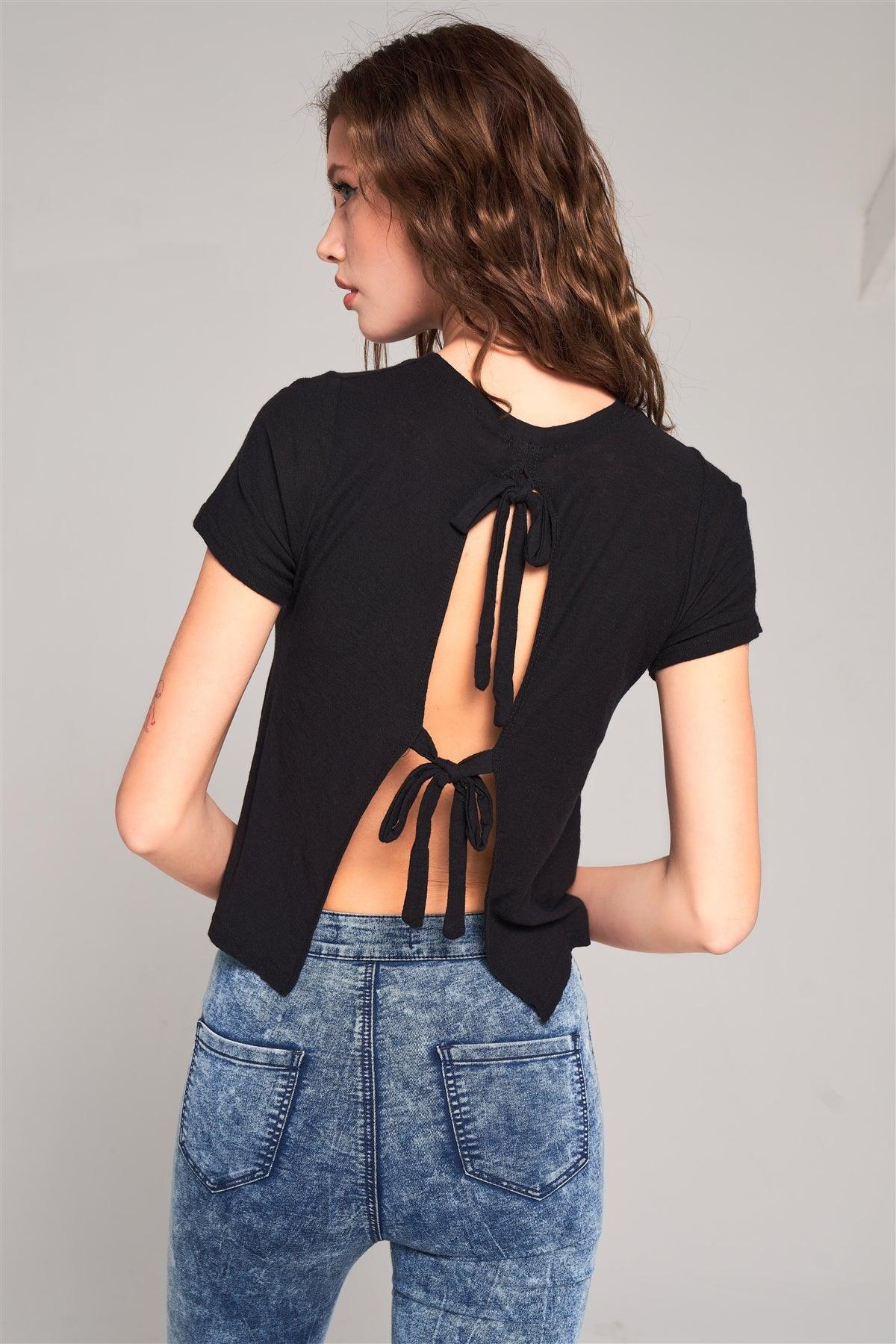 Black Short Sleeve Crew Neck Cut-Out Self-Tie Back Detail Tee /1-2-2-1