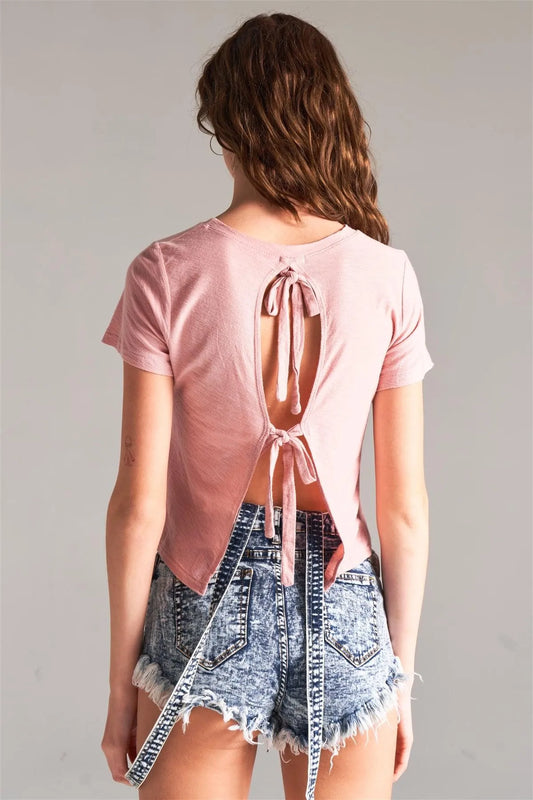 Misty Rose Short Sleeve Cut-Out Back Self-Tie Back Tee - Tasha Apparel Wholesale