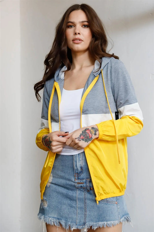 Grey Mustard & White Colorblock Zip-Up Hooded Wind Jacket /2-3-1 - Tasha Apparel Wholesale