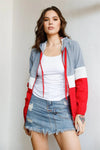 Grey Red & White Colorblock Zip-Up Hooded Wind Jacket /1-2-2-1 - Tasha Apparel Wholesale