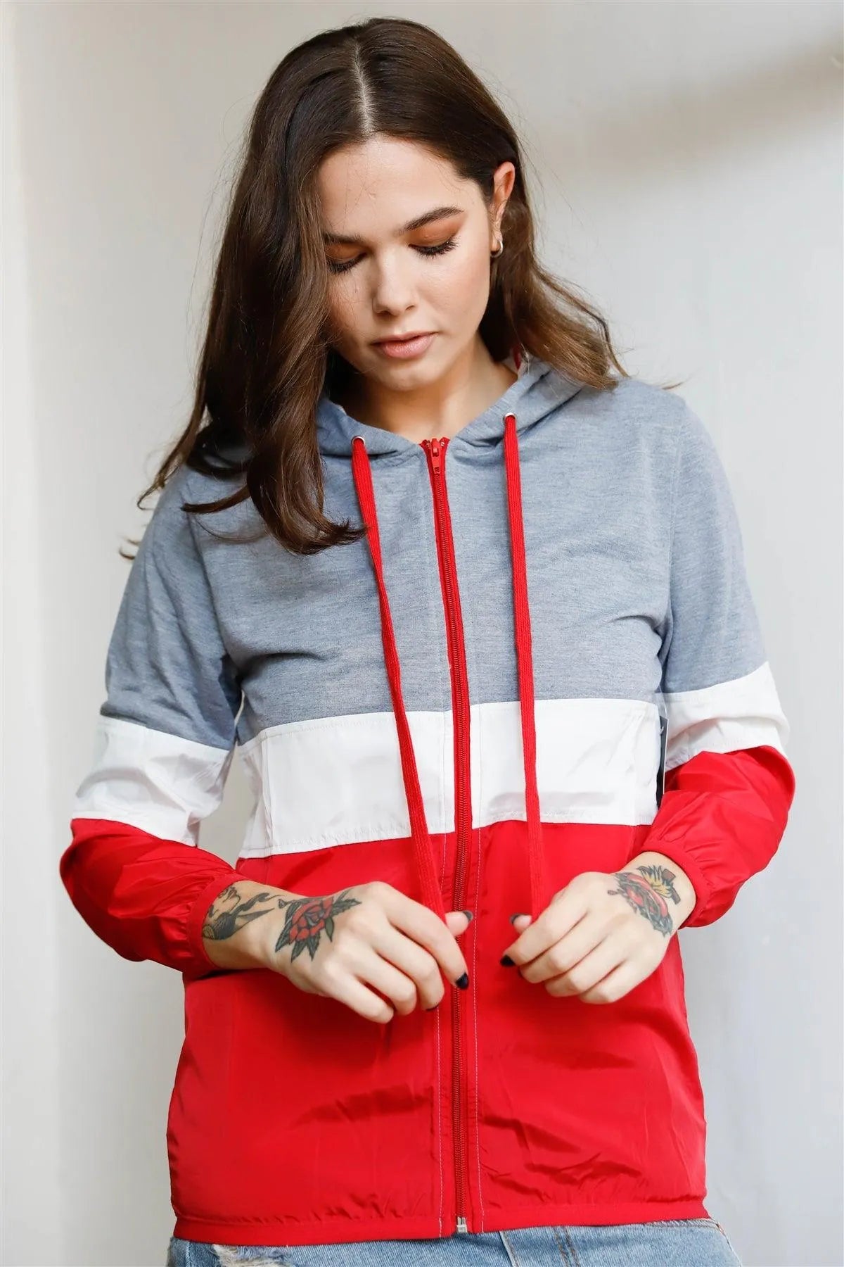 Grey Red & White Colorblock Zip-Up Hooded Wind Jacket /1-2-2-1 - Tasha Apparel Wholesale