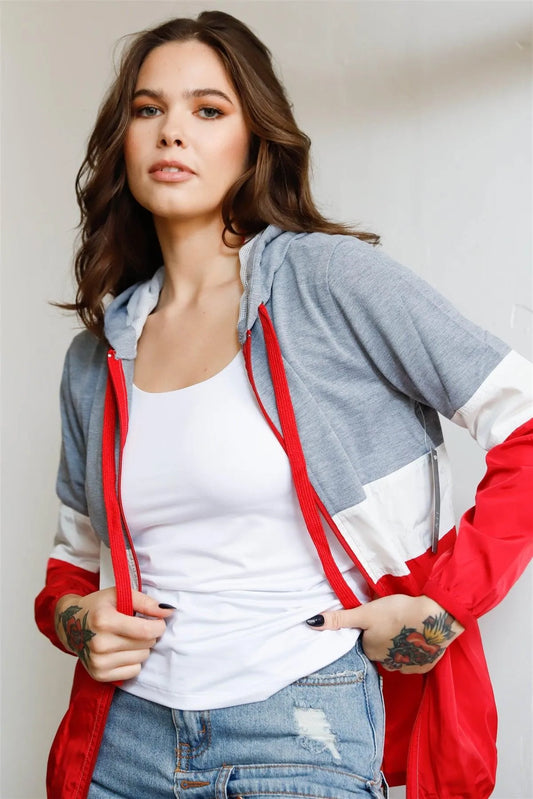 Grey Red & White Colorblock Zip-Up Hooded Wind Jacket /1-3-3 - Tasha Apparel Wholesale