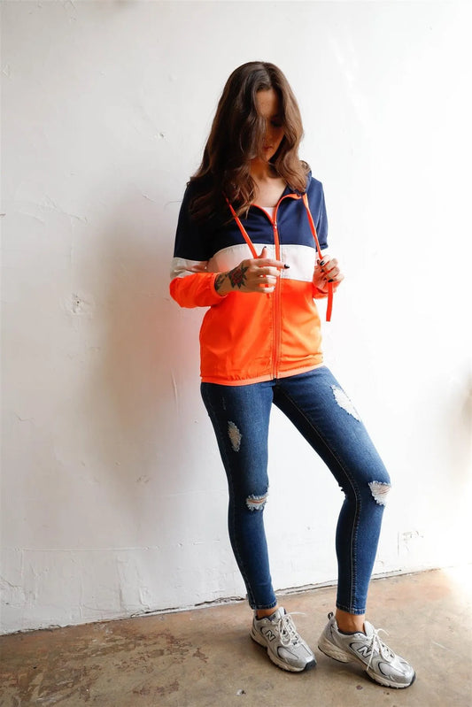 Navy Neon Coral Colorblock Zip-Up Hooded Wind Jacket /1-1-1 - Tasha Apparel Wholesale