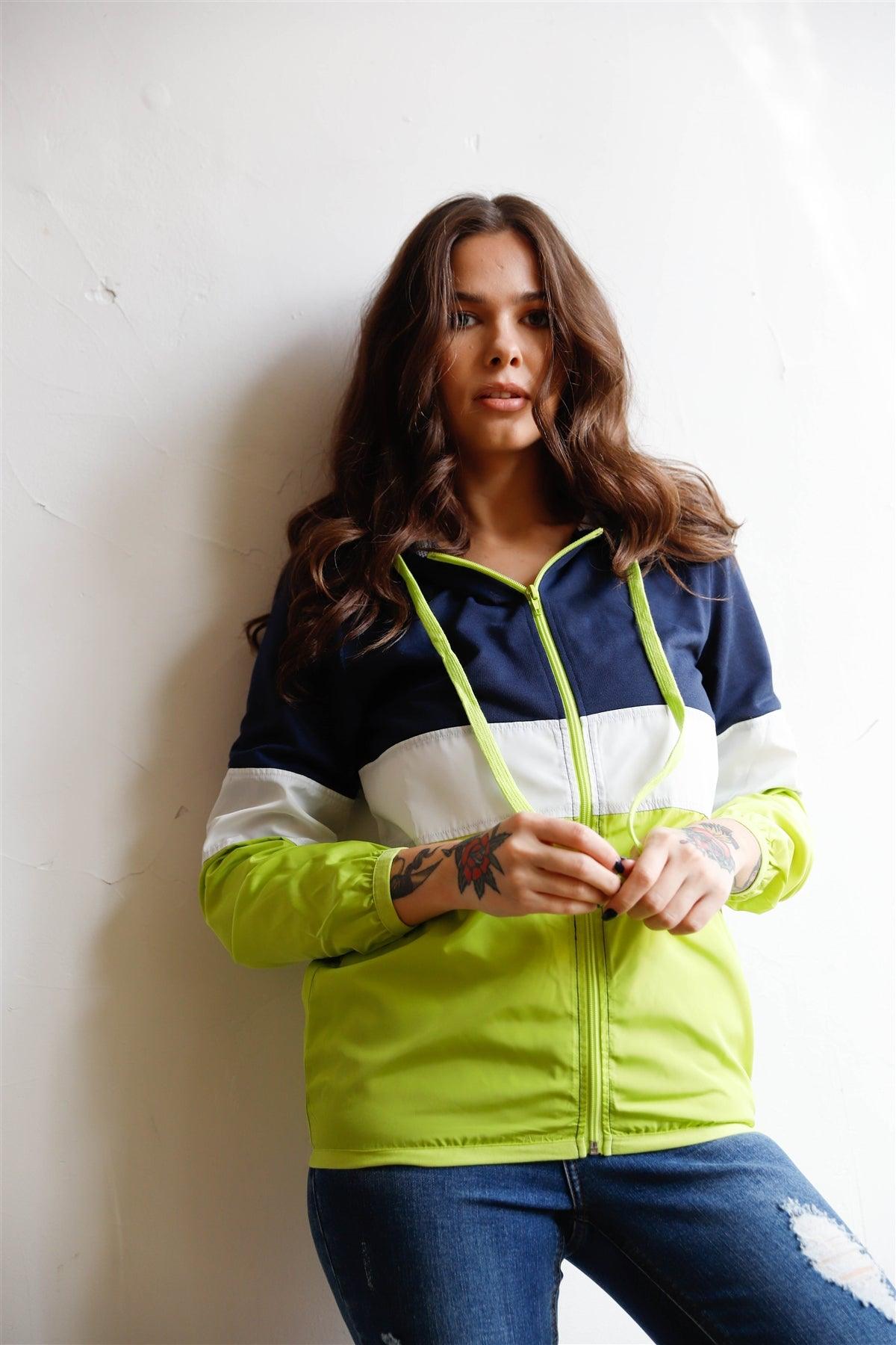 Navy Green & White Colorblock Zip-Up Hooded Wind Jacket /2-2-1