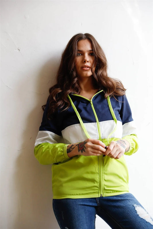 Navy Green & White Colorblock Zip-Up Hooded Wind Jacket /2-2-1 - Tasha Apparel Wholesale
