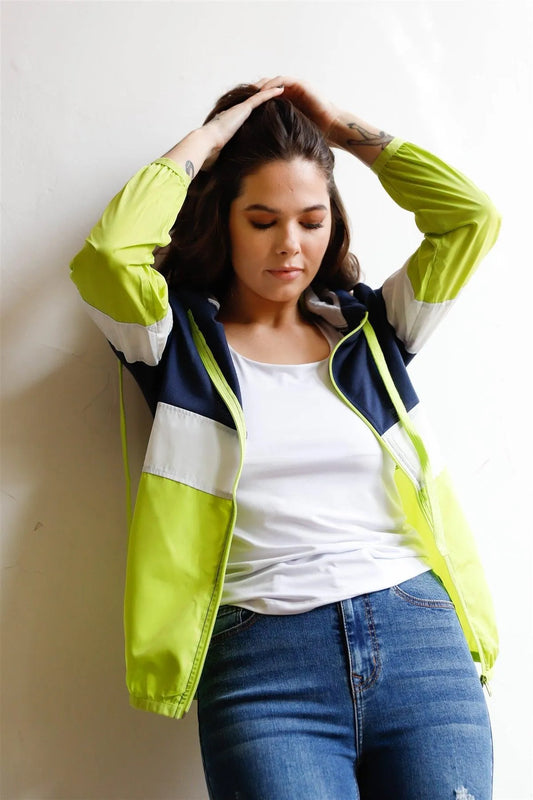 Navy Green & White Colorblock Zip-Up Hooded Wind Jacket /1-2-2-1 - Tasha Apparel Wholesale