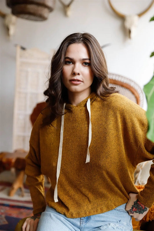 Mustard Knit Ribbed Hooded Sweater /2-2-2 - Tasha Apparel Wholesale