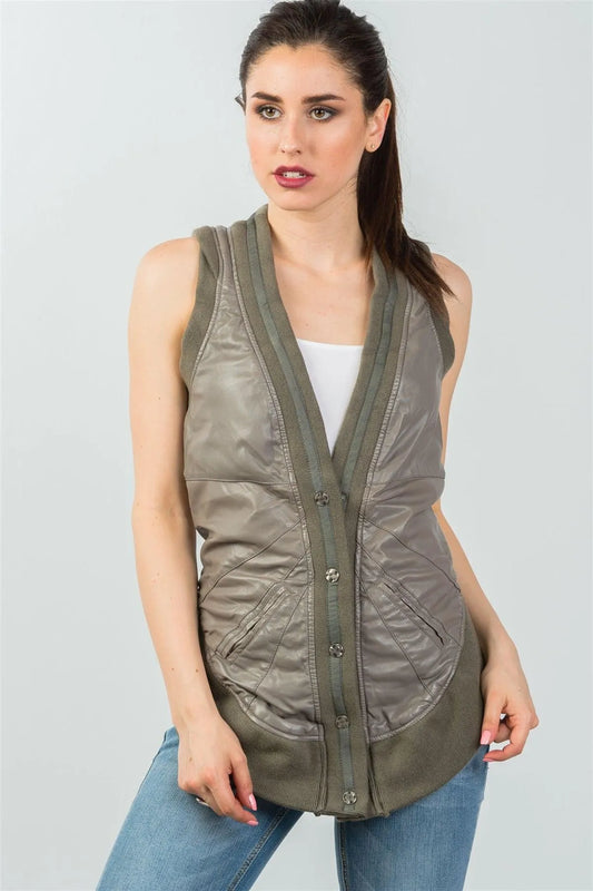 Olive High Low Button Down Sleeveless Vest /2-2-2 - Tasha Apparel Wholesale